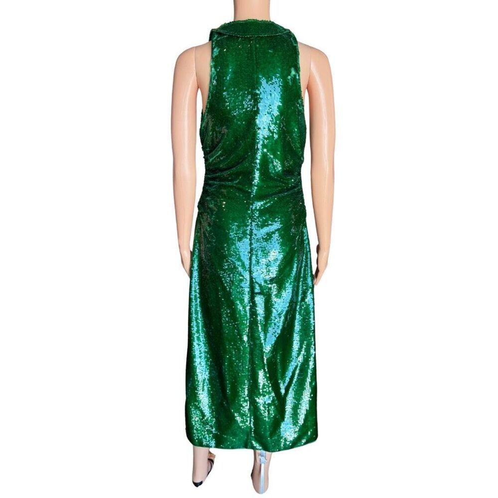 NWT Ganni Kelly Green Sequin Halter Midi Dress Ruched Jewel Button Party 36 US 4 - Picture 8 of 10